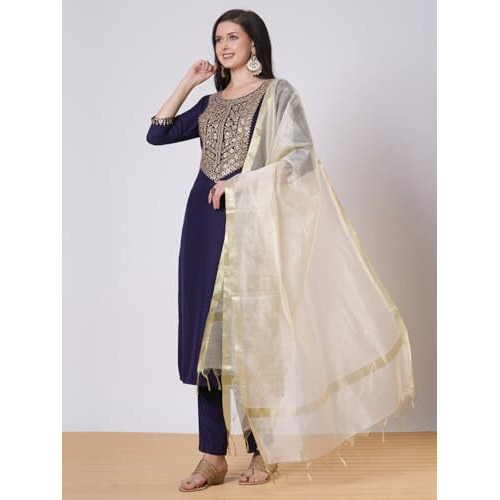 ANNI DESIGNER Women's Rayon Viscose Embroidered Straight Kurta with Pant & Dupatta (Tudari Blue_XXL_Blue_XX-Large)