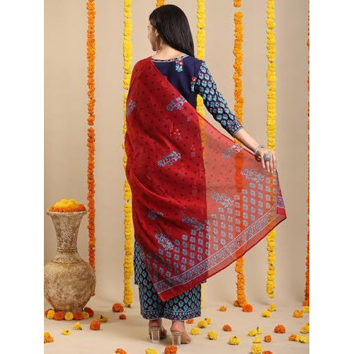 ANNI DESIGNER Women's Rayon Blend Straight Printed Kurta with Pant & Dupatta (MASUMI BLUE-VKS01_XL_Blue_X-Large)