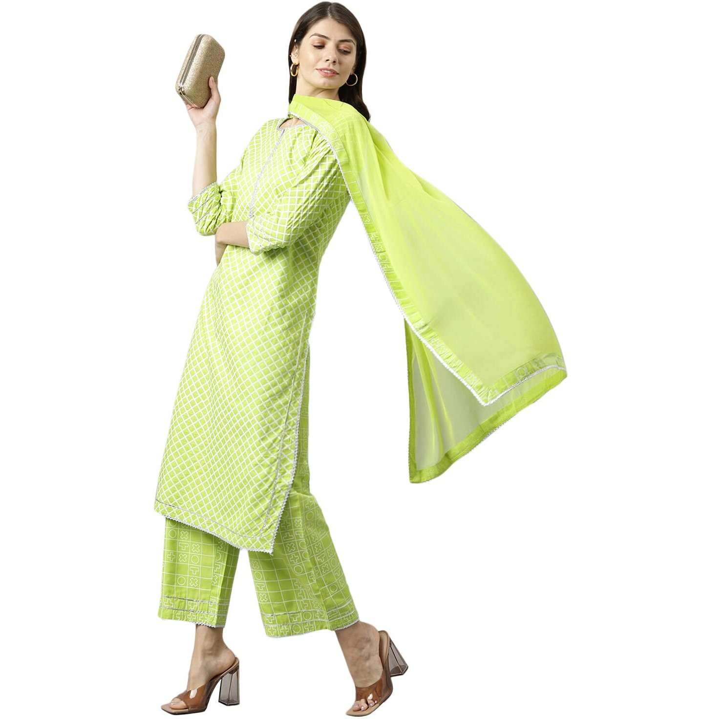 ANNI DESIGNER Women's Polycotton Kurta with Palazzo & Dupatta (Kairav_Green_Small)
