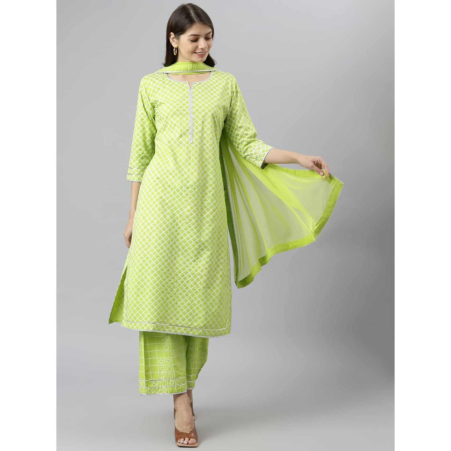 ANNI DESIGNER Women's Polycotton Kurta with Palazzo & Dupatta (Kairav_Green_Small)
