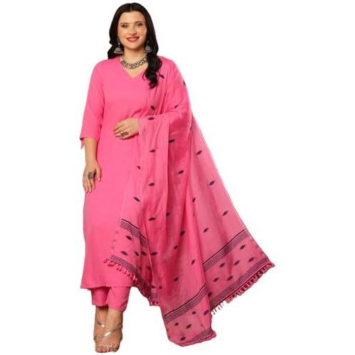 ANNI DESIGNER Women's Rayon Blend Solid Straight Kurta with Pant & Dupatta (JANEU PINK-VKS01_XL_Pink_X-Large)