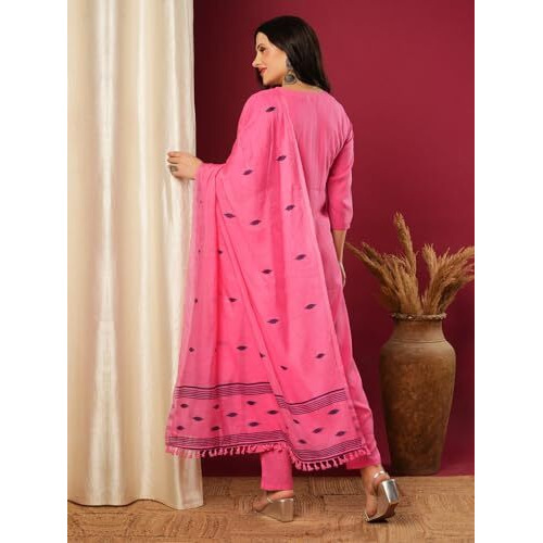ANNI DESIGNER Women's Rayon Blend Solid Straight Kurta with Pant & Dupatta (JANEU PINK-VKS01_XL_Pink_X-Large)