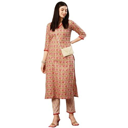 ANNI DESIGNER Women's Cotton Blend Straight Printed Kurta with Pant (Balajyoti Red-NW_L_Red_Large)