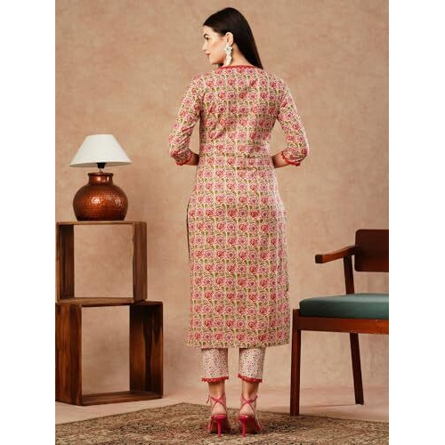 ANNI DESIGNER Women's Cotton Blend Straight Printed Kurta with Pant (Balajyoti Red-NW_L_Red_Large)