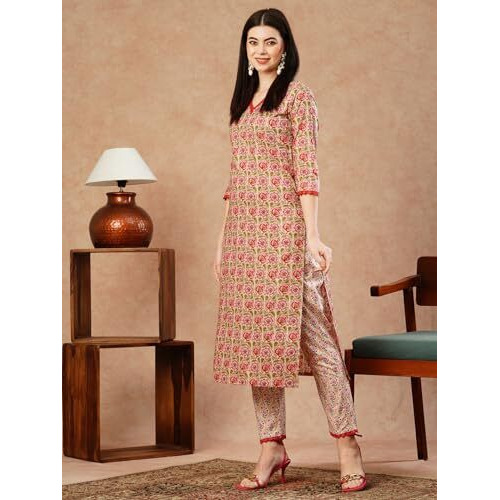ANNI DESIGNER Women's Cotton Blend Straight Printed Kurta with Pant (Balajyoti Red-NW_L_Red_Large)