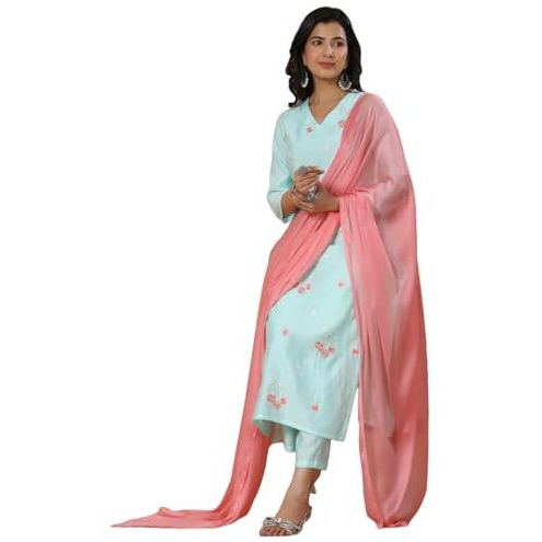 ANNI DESIGNER Women's Rayon Blend Straight Embroidered Kurta with Pant & Dupatta (Baad Green-VKS04_L_Green_Large)