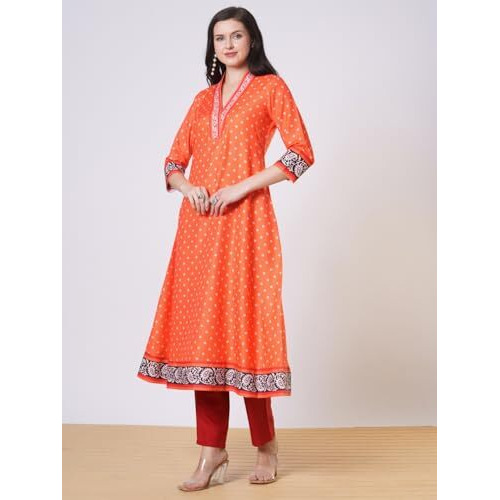 ANNI DESIGNER Women's Rayon Viscose Anarkali Printed Kurta with Pant (Karidos Orange-VKS02_M_Orange_Medium)