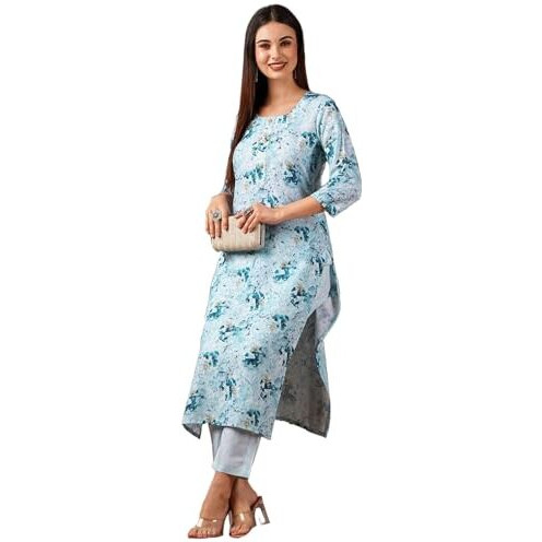 ANNI DESIGNER Women's Cotton Blend Straight Printed Kurta with Pant (Bhutam Blue_M_Blue_Medium)