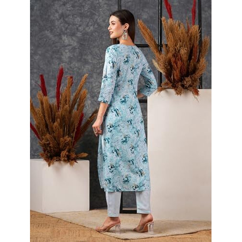 ANNI DESIGNER Women's Cotton Blend Straight Printed Kurta with Pant (Bhutam Blue_M_Blue_Medium)