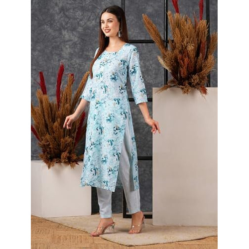 ANNI DESIGNER Women's Cotton Blend Straight Printed Kurta with Pant (Bhutam Blue_M_Blue_Medium)