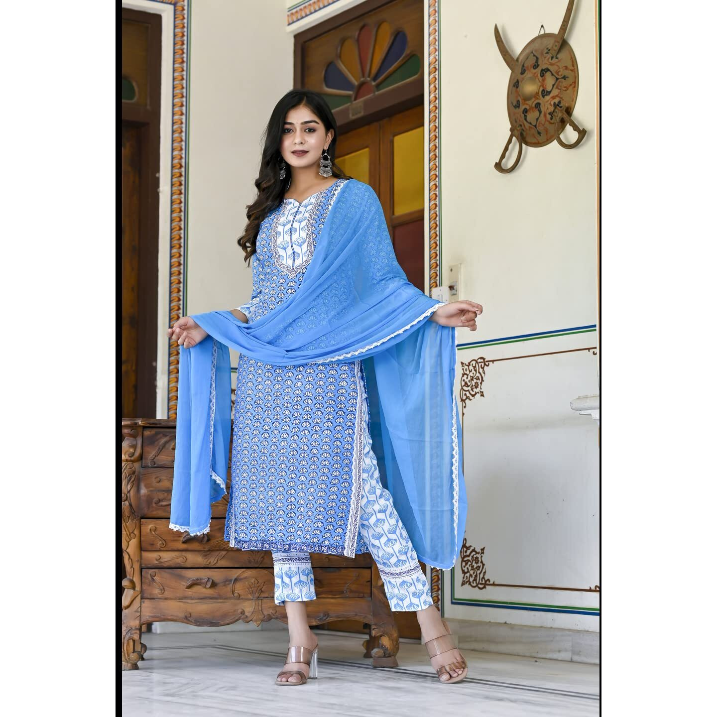 ANNI DESIGNER Women's Cotton Blend Printed Straight Kurta with Pant & Dupatta (Sky Bird-Blue-CM_M_Blue_Medium)