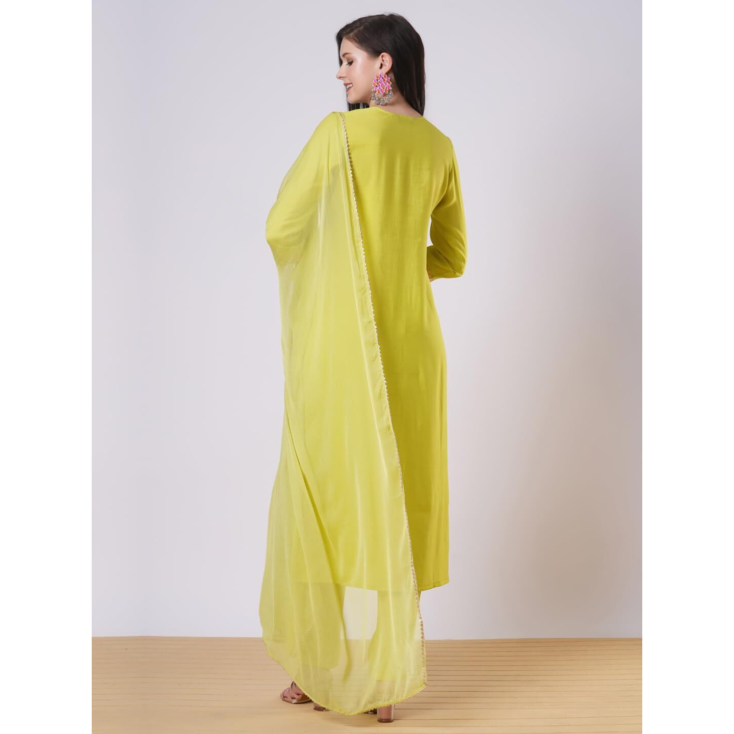 ANNI DESIGNER Women's Rayon Viscose Embroidered Straight Kurta with Pant & Dupatta (Kochi Lime_S_Lime_Small)