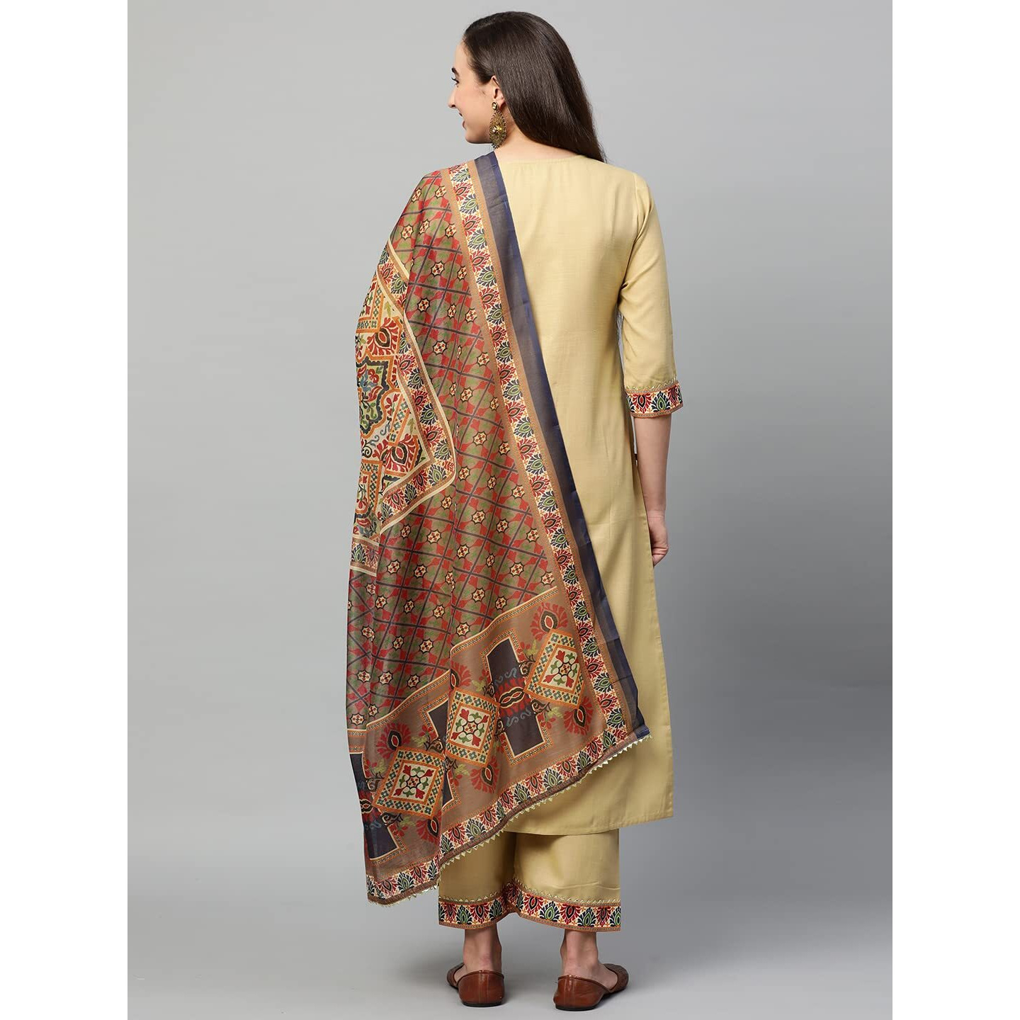 ANNI DESIGNER Women's Cotton Straight Solid Kurta with Palazzo & Dupatta (Reema BEIGE-Jan15_XL_Beige_X-Large)