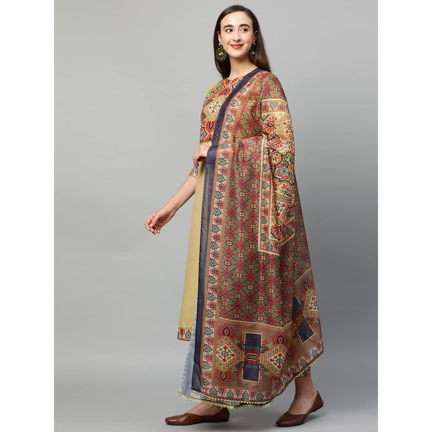 ANNI DESIGNER Women's Cotton Straight Solid Kurta with Palazzo & Dupatta (Reema BEIGE-Jan15_XL_Beige_X-Large)
