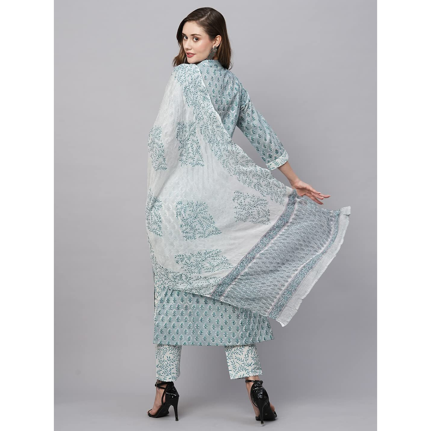 ANNI DESIGNER Women's Cotton Blend Straight Printed Kurta with Pant & Dupatta (Dudu Blue_S_Blue_Small)