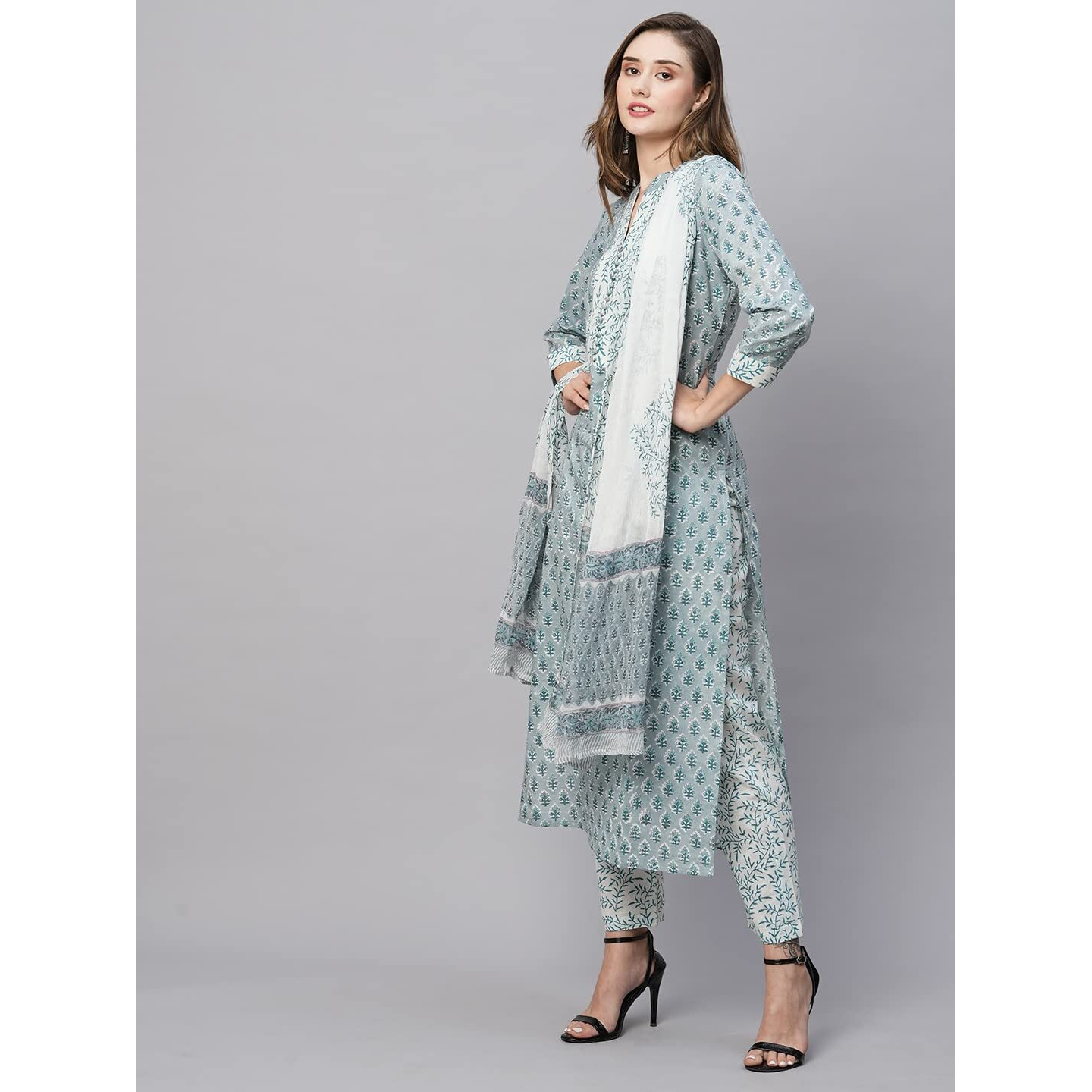ANNI DESIGNER Women's Cotton Blend Straight Printed Kurta with Pant & Dupatta (Dudu Blue_S_Blue_Small)