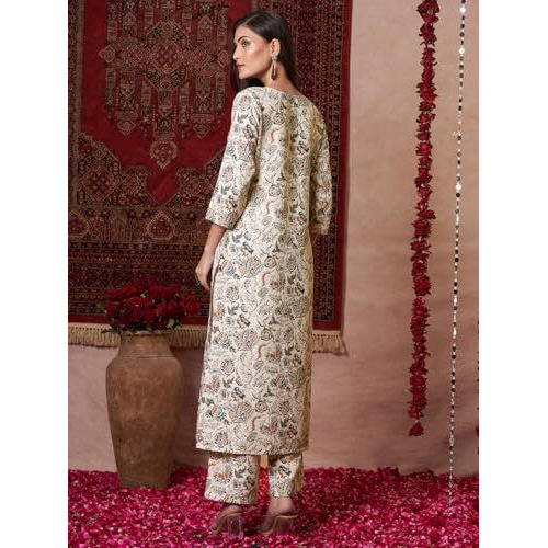 ANNI DESIGNER Women's Rayon Viscose Straight Printed Kurta with Pant (TIRAH CREAM-VKS01_L_Cream_Large)