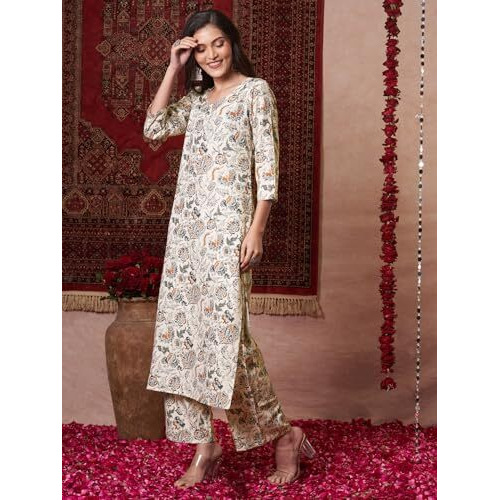 ANNI DESIGNER Women's Rayon Viscose Straight Printed Kurta with Pant (TIRAH CREAM-VKS01_L_Cream_Large)