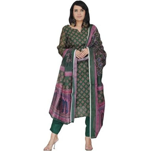 ANNI DESIGNER Women's Rayon Blend Straight Printed Kurta with Pant & Dupatta (Muguri Green_XL_Green_X-Large)
