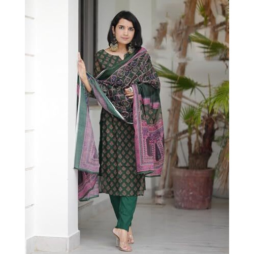 ANNI DESIGNER Women's Rayon Blend Straight Printed Kurta with Pant & Dupatta (Muguri Green_XL_Green_X-Large)