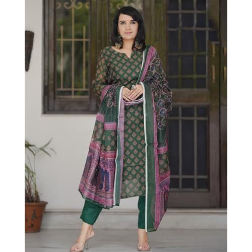 ANNI DESIGNER Women's Rayon Blend Straight Printed Kurta with Pant & Dupatta (Muguri Green_XL_Green_X-Large)
