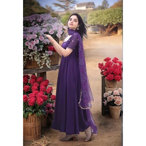 ANNI DESIGNER Women's Rayon Viscose Anarkali Embroidered Kurta with Pant & Dupatta (Gumsum Begani-VKS01_XXL_Begani_XX-Large)