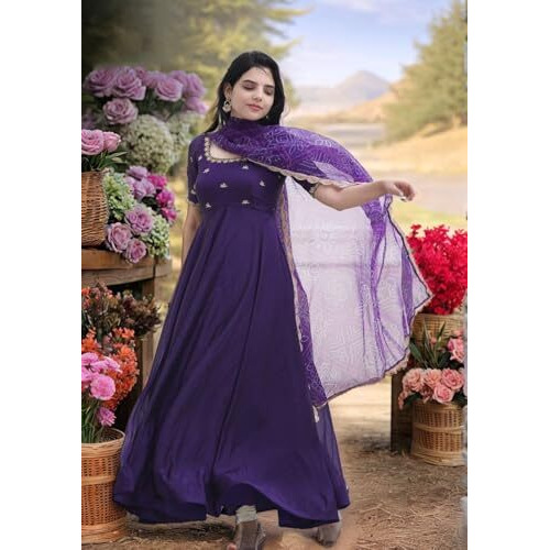 ANNI DESIGNER Women's Rayon Viscose Anarkali Embroidered Kurta with Pant & Dupatta (Gumsum Begani-VKS01_XXL_Begani_XX-Large)