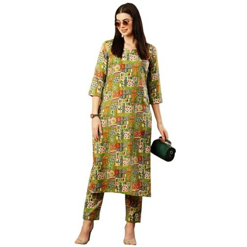 ANNI DESIGNER Women's Cotton Blend Straight Printed Kurta with Pant (ING 10 Green-NW_S_Green_Small)