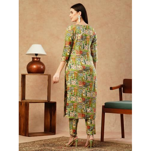 ANNI DESIGNER Women's Cotton Blend Straight Printed Kurta with Pant (ING 10 Green-NW_S_Green_Small)