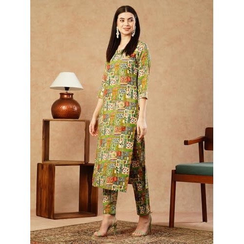 ANNI DESIGNER Women's Cotton Blend Straight Printed Kurta with Pant (ING 10 Green-NW_S_Green_Small)