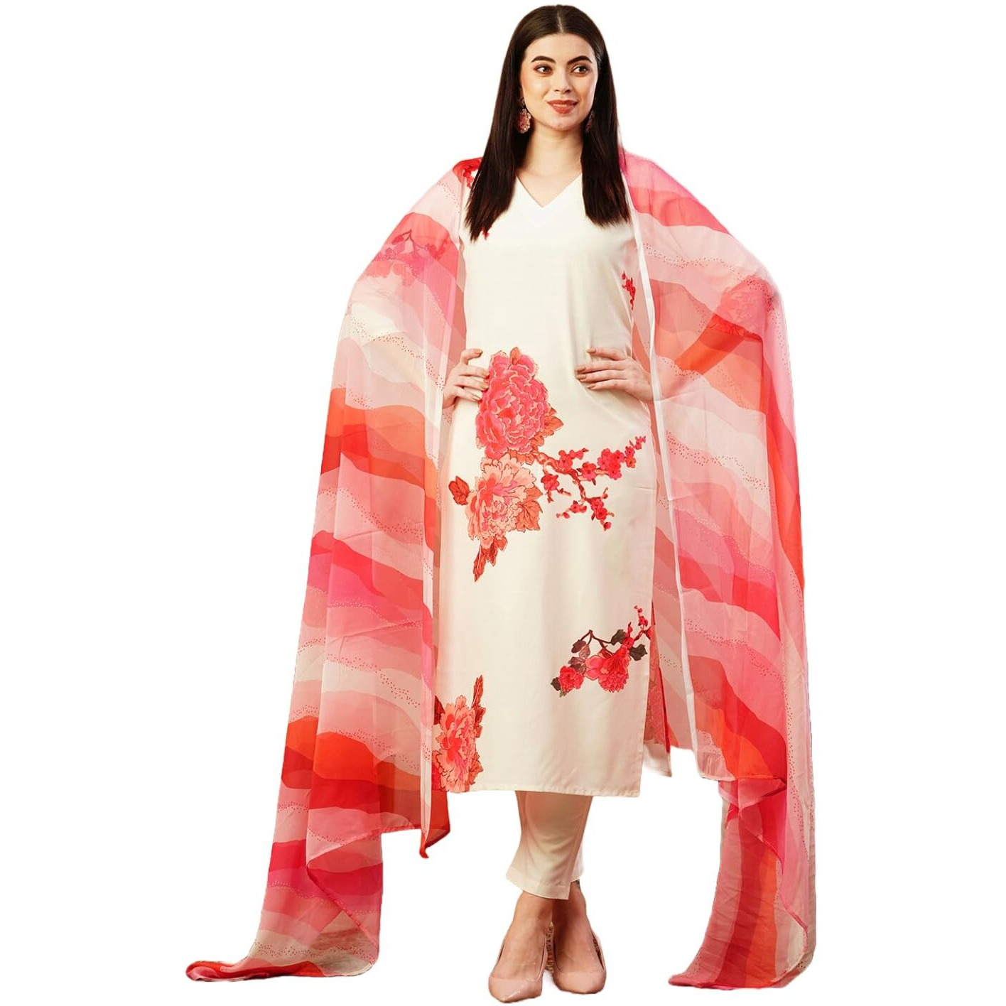 ANNI DESIGNER Women's Cotton Blend Straight Printed Kurta with Pant & Dupatta (Tichuki Cream_S_Cream_Small)