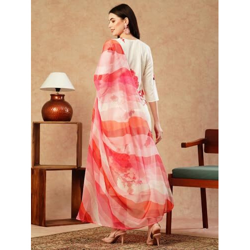 ANNI DESIGNER Women's Cotton Blend Straight Printed Kurta with Pant & Dupatta (Tichuki Cream_S_Cream_Small)