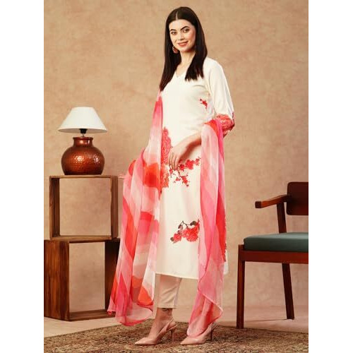 ANNI DESIGNER Women's Cotton Blend Straight Printed Kurta with Pant & Dupatta (Tichuki Cream_S_Cream_Small)