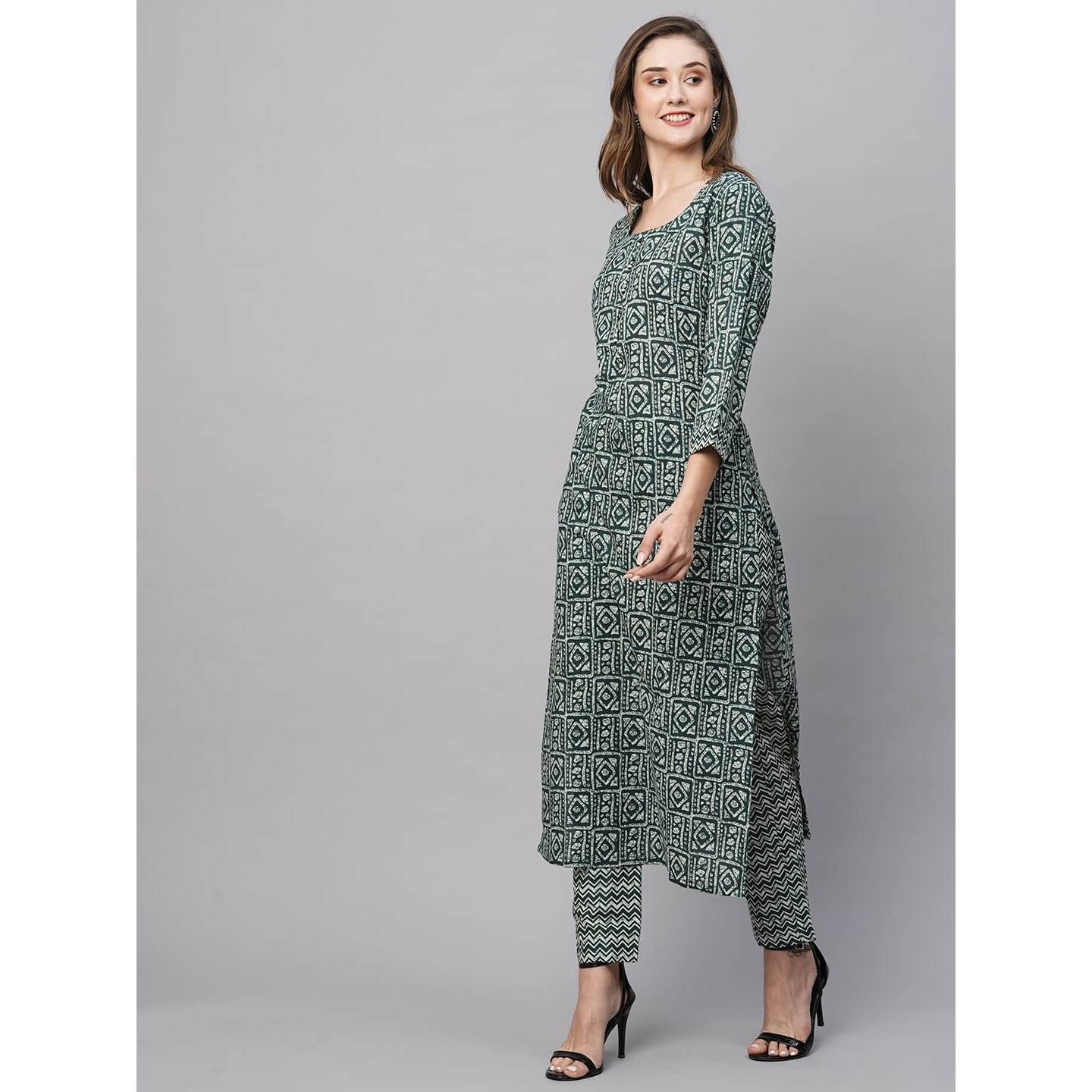 ANNI DESIGNER Women's Cotton Blend Straight Printed Kurta with Pant (Yami Green_L_Green_Large)