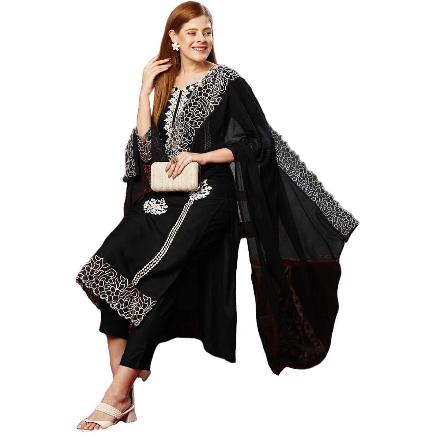 ANNI DESIGNER Women's Rayon Blend Straight Embroidered Kurta with Pant & Dupatta (TRP Black-JL_XXL_Black_XX-Large)