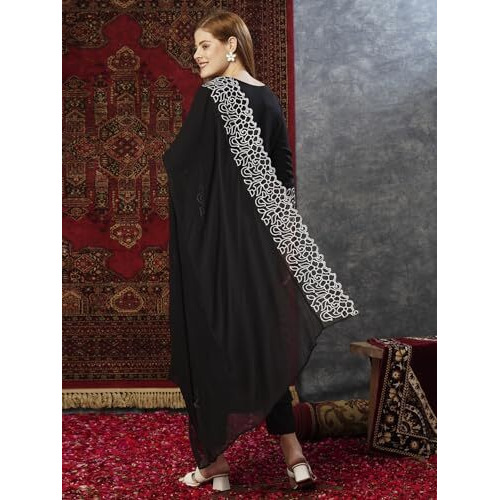 ANNI DESIGNER Women's Rayon Blend Straight Embroidered Kurta with Pant & Dupatta (TRP Black-JL_XXL_Black_XX-Large)