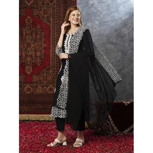 ANNI DESIGNER Women's Rayon Blend Straight Embroidered Kurta with Pant & Dupatta (TRP Black-JL_XXL_Black_XX-Large)