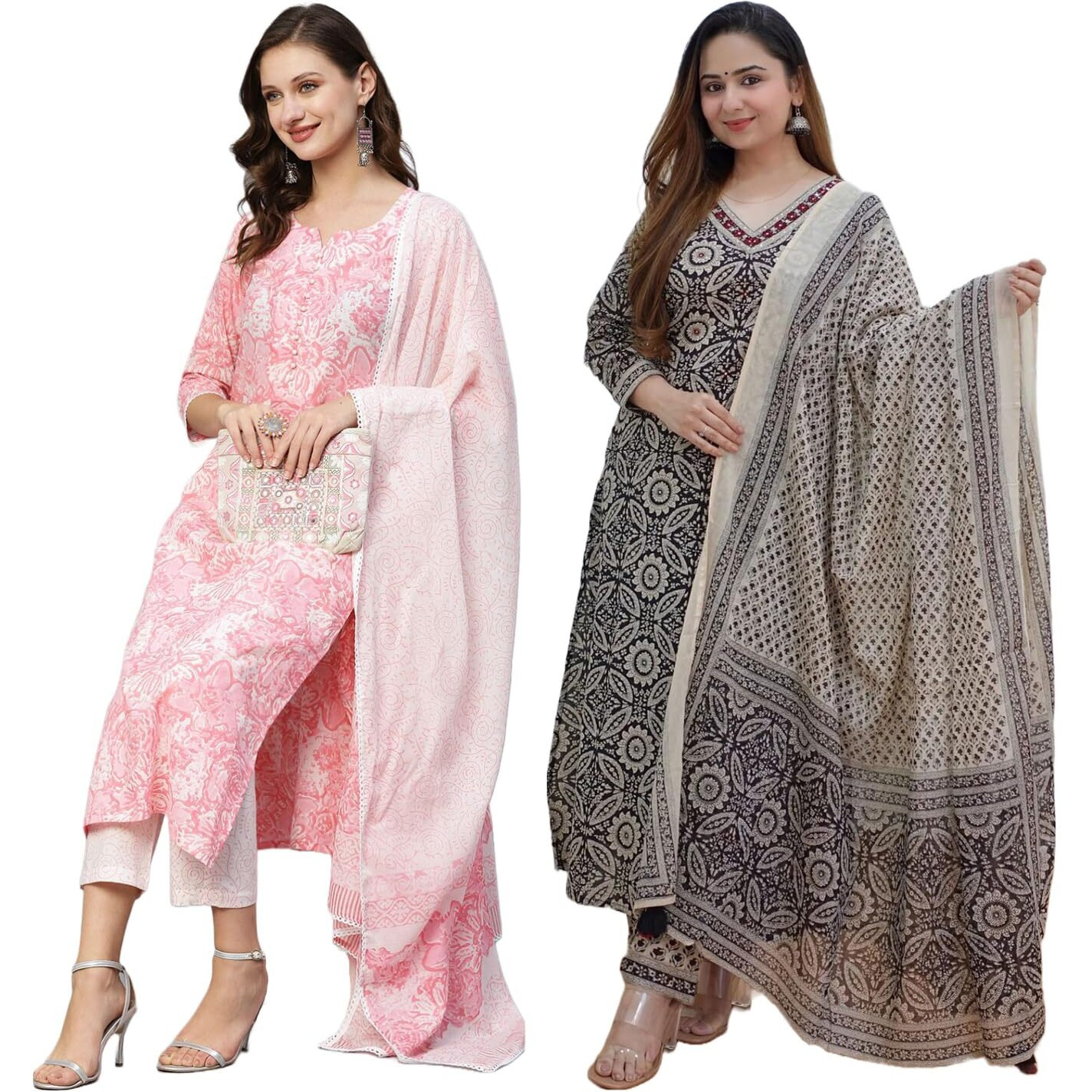 ANNI DESIGNER Women's Cotton Blend Printed Straight Kurta with Pant & Dupatta Pack of 2 (Combo-Prem Pink-Nihira Cream_Multicolor_Small)