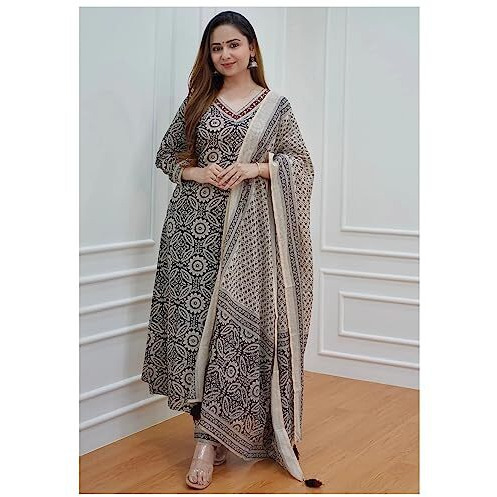 ANNI DESIGNER Women's Cotton Blend Printed Straight Kurta with Pant & Dupatta Pack of 2 (Combo-Prem Pink-Nihira Cream_Multicolor_Small)