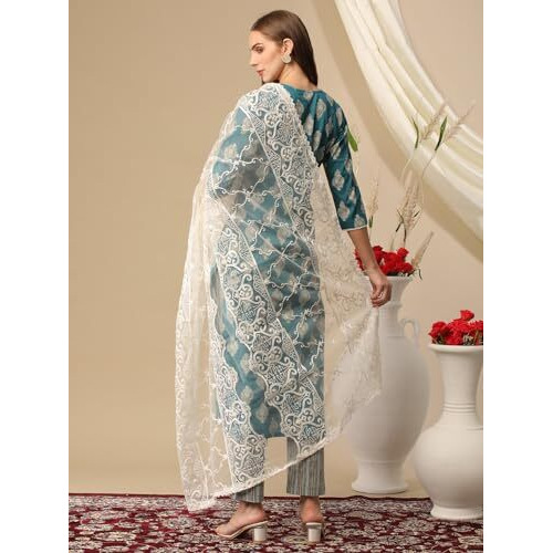 ANNI DESIGNER Women's Cotton Blend Printed Straight Kurta with Pant & Dupatta (Kai Green_S_Green_Small)