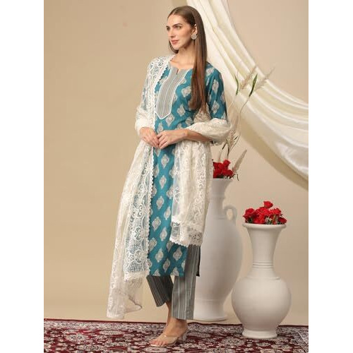 ANNI DESIGNER Women's Cotton Blend Printed Straight Kurta with Pant & Dupatta (Kai Green_S_Green_Small)