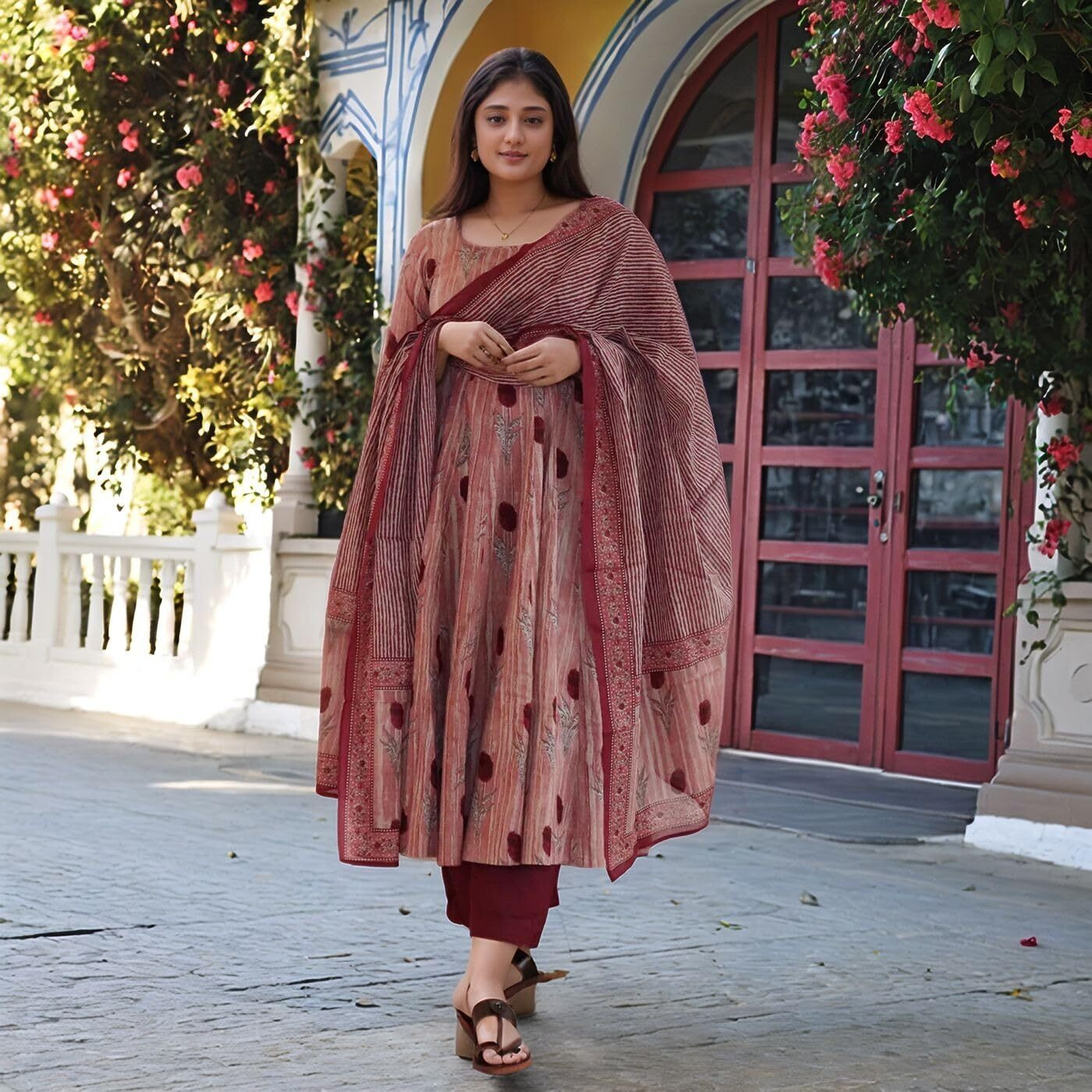 ANNI DESIGNER Women's Rayon Viscose Printed Anarkali Kurta with Pant & Dupatta (Prisha Wine-VKS01_M_Wine_Medium)