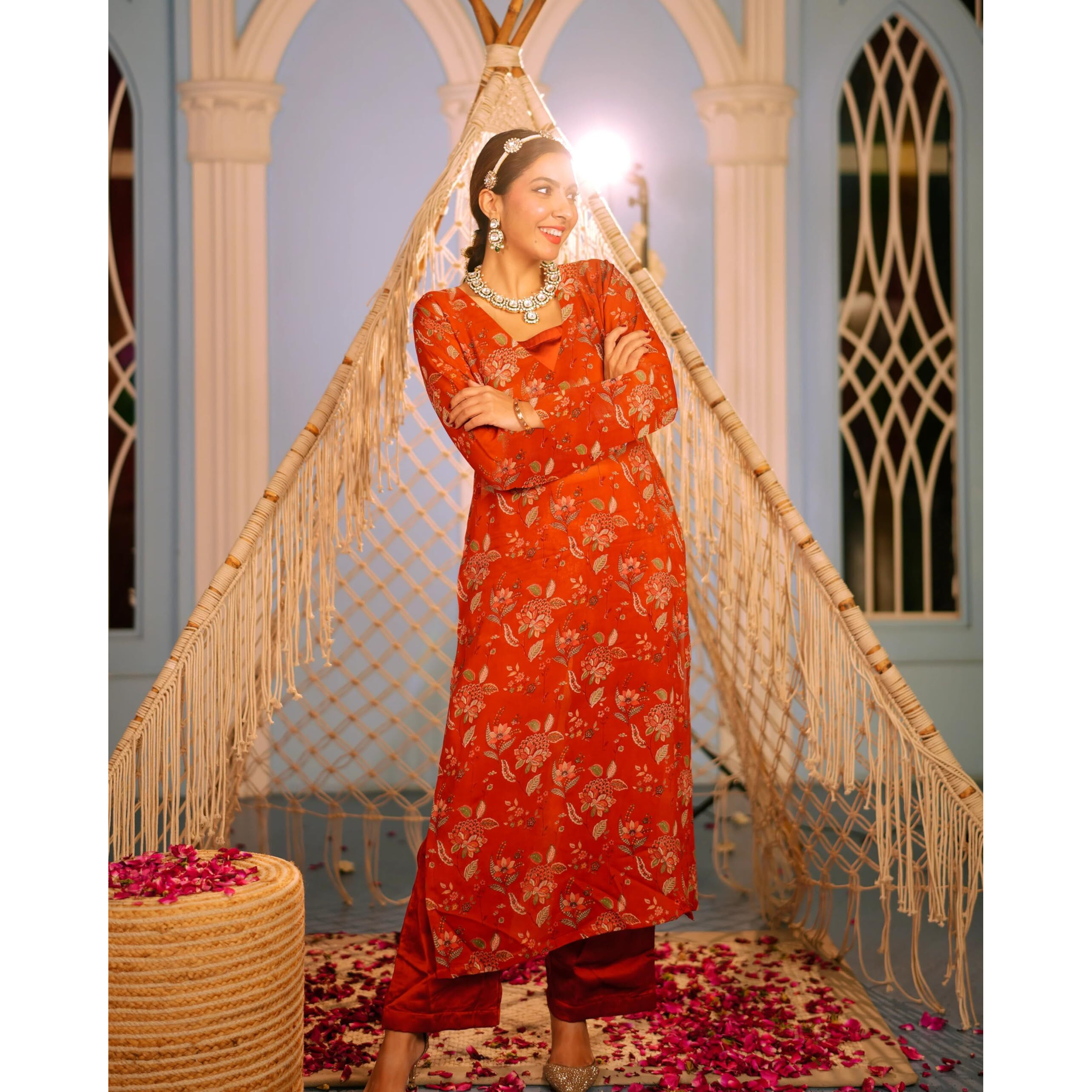 ANNI DESIGNER Women's Rayon Viscose Straight Printed Kurta with Palazzo (JHOL Orange_M_Orange_Medium)