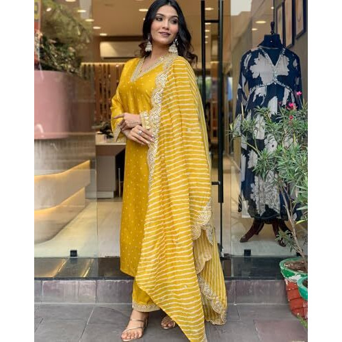 ANNI DESIGNER Women's Rayon Blend Printed Straight Kurta with Pant & Dupatta (June Yellow_S_Yellow_Small)