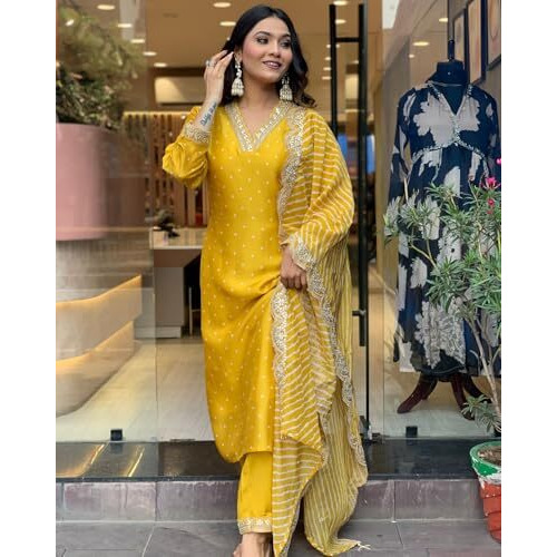 ANNI DESIGNER Women's Rayon Blend Printed Straight Kurta with Pant & Dupatta (June Yellow_S_Yellow_Small)