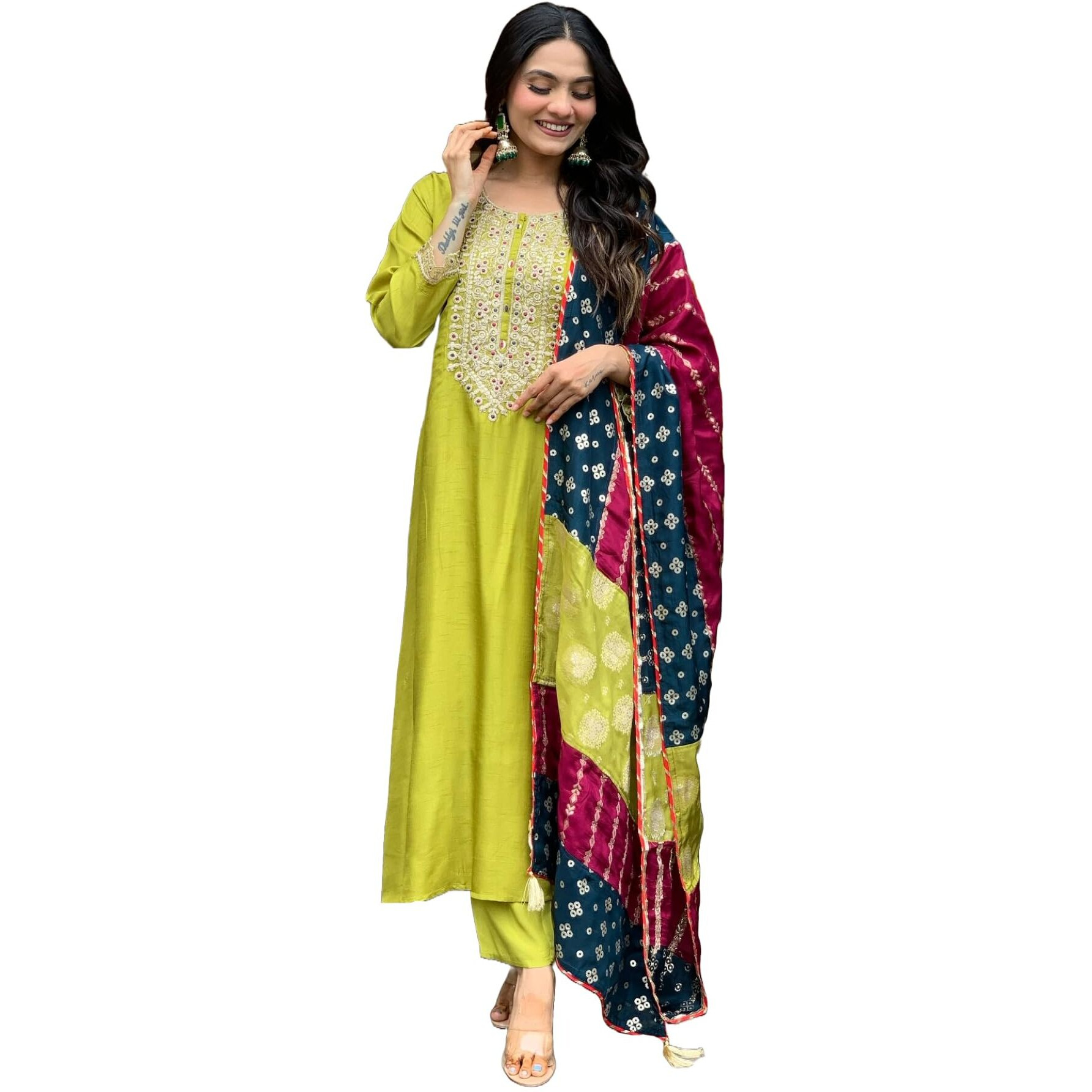 ANNI DESIGNER Women's Rayon Viscose Embroidered Anarkali Kurta with Pant & Dupatta (JENNU Mehandi_L_Mehandi_Large)