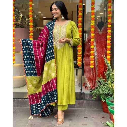 ANNI DESIGNER Women's Rayon Viscose Embroidered Anarkali Kurta with Pant & Dupatta (JENNU Mehandi_L_Mehandi_Large)