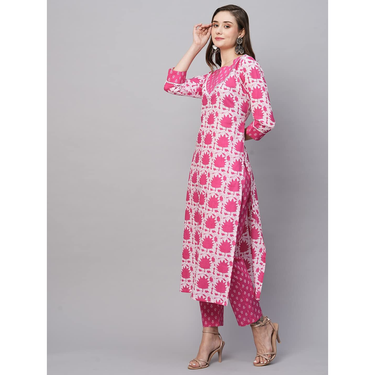 ANNI DESIGNER Women's Cotton Blend Straight Printed Kurta with Pant (Mehar Pink_L_Pink_Large)