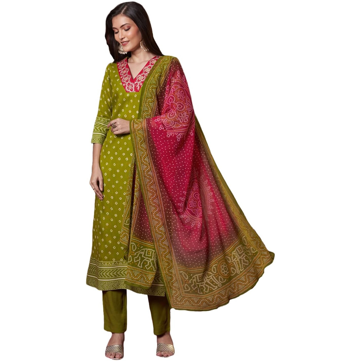 ANNI DESIGNER Women's Rayon Viscose Printed Straight Kurta with Pant & Dupatta (Subhi Mehandi-VKS04_L_Mehandi_Large)