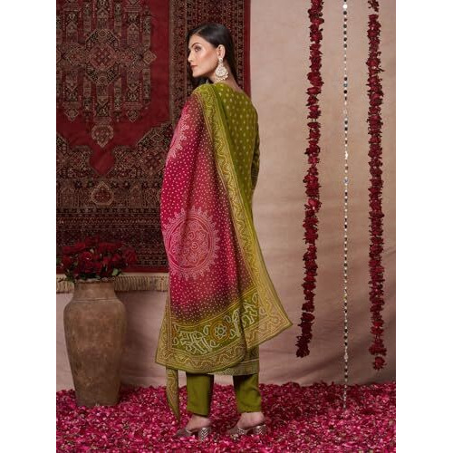 ANNI DESIGNER Women's Rayon Viscose Printed Straight Kurta with Pant & Dupatta (Subhi Mehandi-VKS04_L_Mehandi_Large)